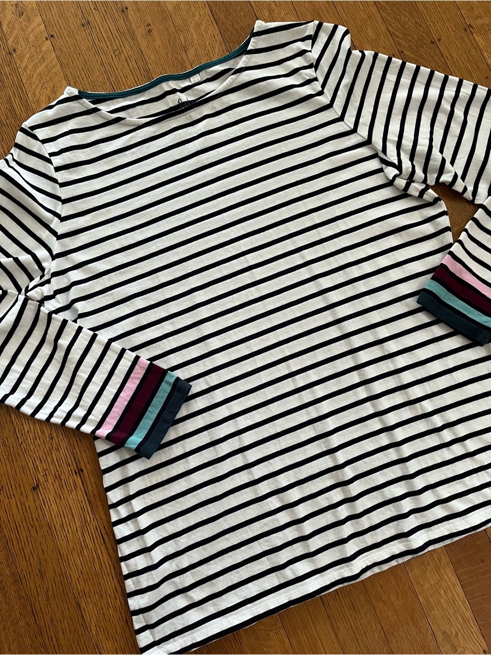 Boden Women's White and Black Striped Long Sleeve Tee with Colorful Cuff Stripes